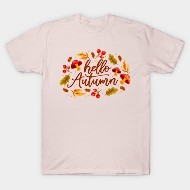 Hello Autumn Mushroom T-Shirt by Mako Design 